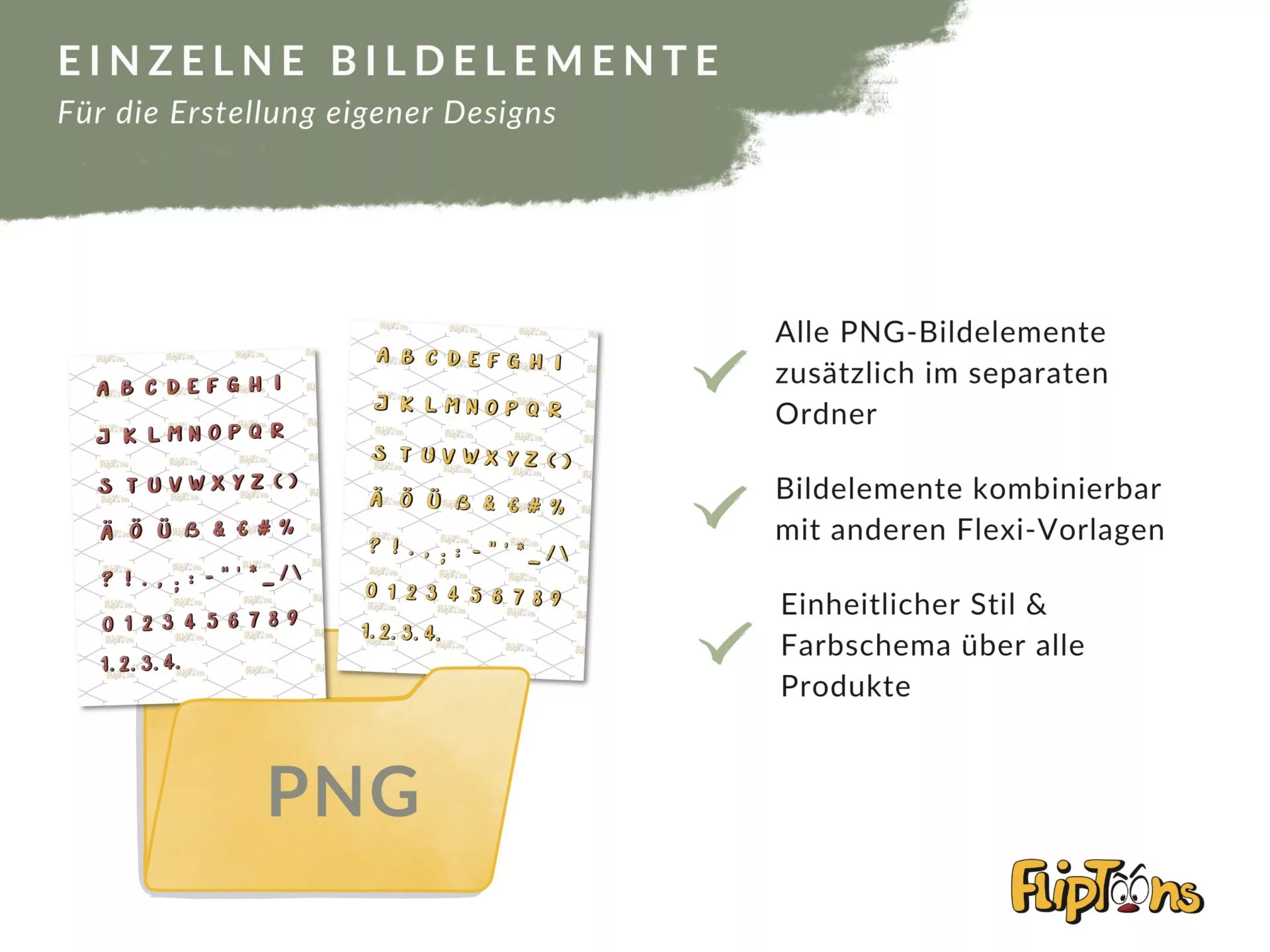 Einzelne PNG-Bildelemente für Designs: Buchstaben, Zahlen und Symbole in verschiedenen Farben, kombinierbar mit anderen Vorlagen.