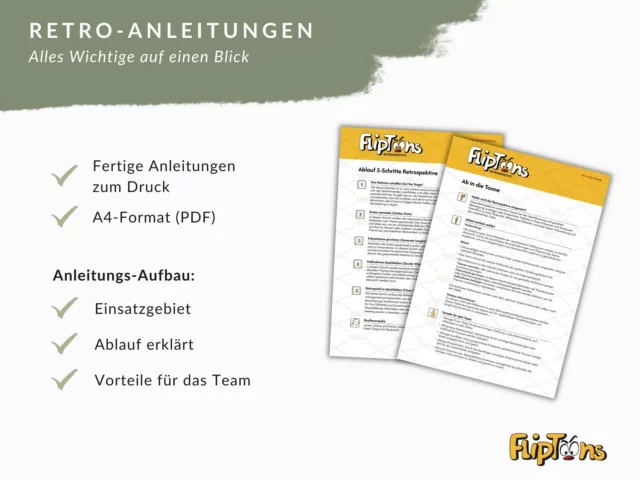 Retro-Anleitungen im A4-Format, fertig zum Druck, mit Aufbau und Vorteilen für Teams, Fliptoons-Logo