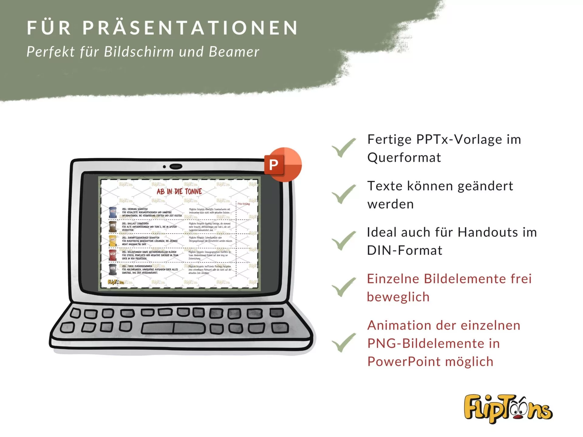 PowerPoint-Präsentation auf einem Laptop mit Features wie Querformat, bearbeitbare Texte und Animationsmöglichkeiten
