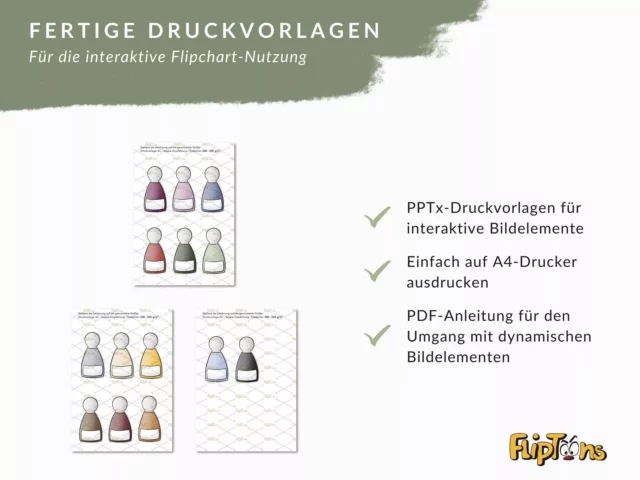 Fertige Druckvorlagen für interaktive Flipchart-Elemente in verschiedenen Farbvarianten, mit Checkmarks zu Funktionen