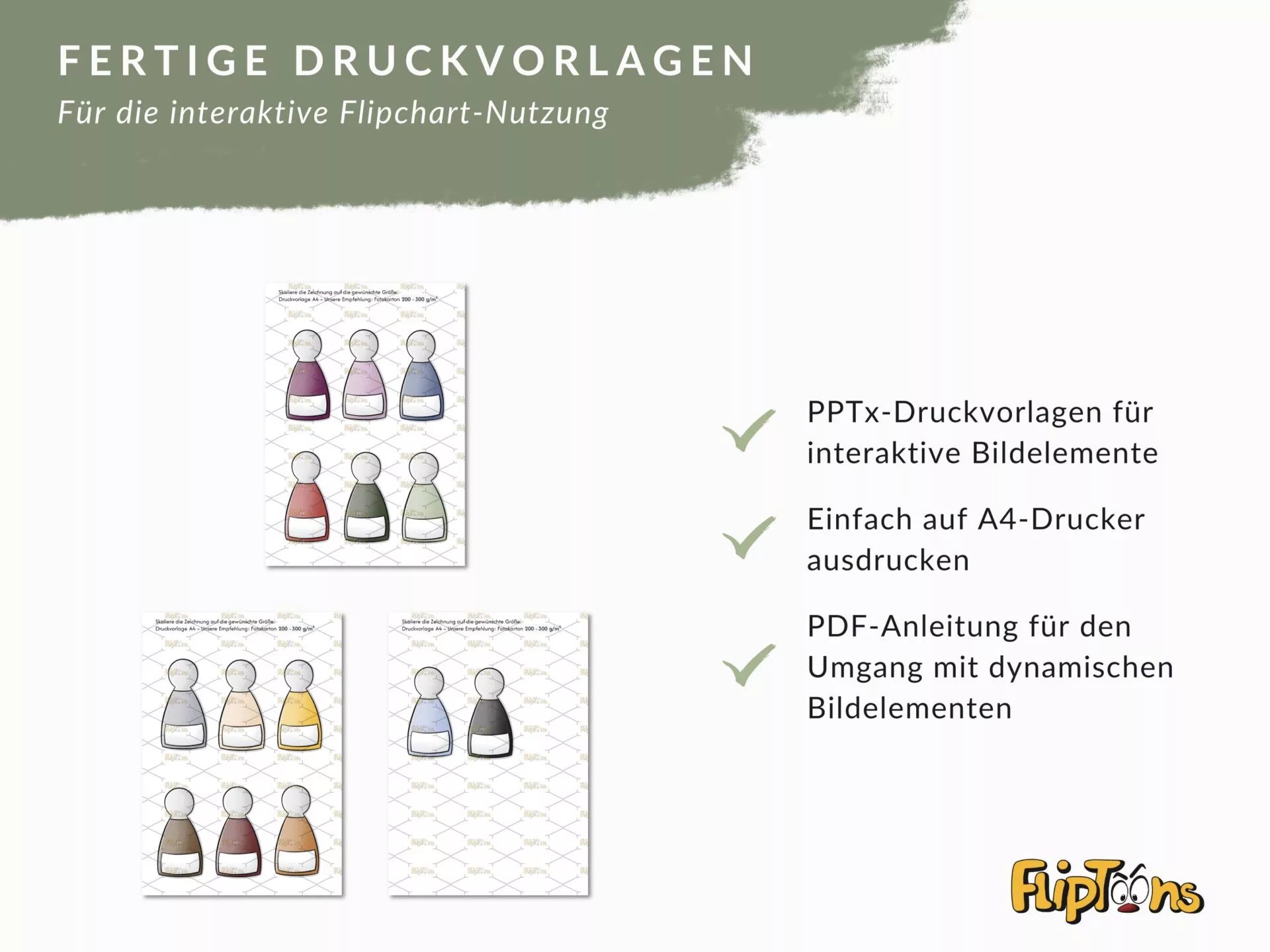 Fertige Druckvorlagen für interaktive Flipchart-Elemente in verschiedenen Farbvarianten, mit Checkmarks zu Funktionen