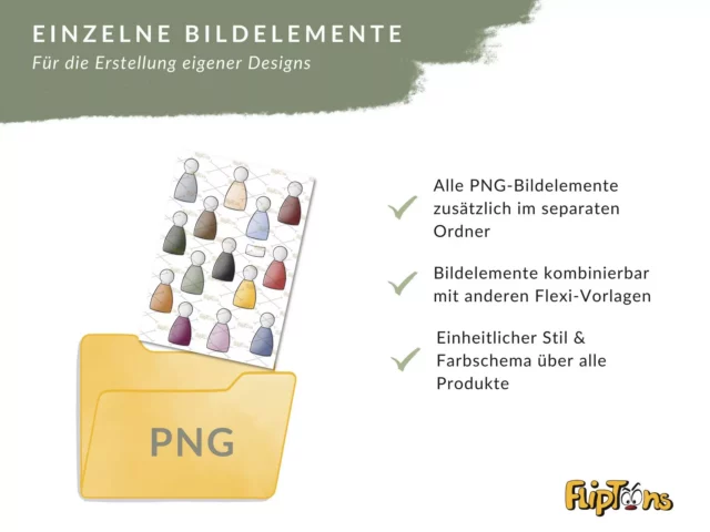 Gelber PNG-Ordner mit verschiedenfarbigen abstrakten Figurinen, zeigt Design-Elemente für Flexi-Vorlagen