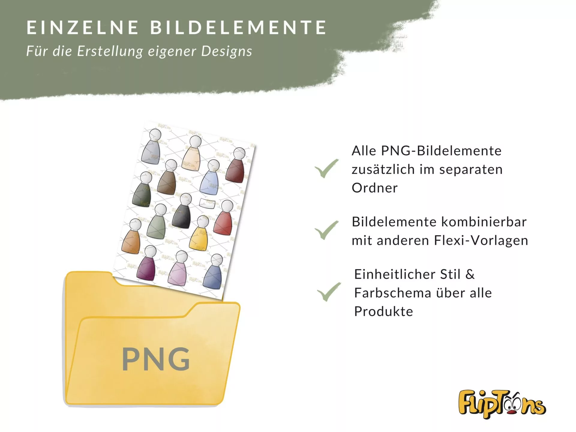 Gelber PNG-Ordner mit verschiedenfarbigen abstrakten Figurinen, zeigt Design-Elemente für Flexi-Vorlagen