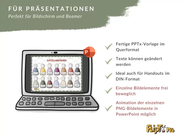 PowerPoint-Vorlage für Präsentationen, gezeigt auf einem Laptop mit Aufstellungsfiguren, mit Funktionen wie Querformat und Animationsmöglichkeiten