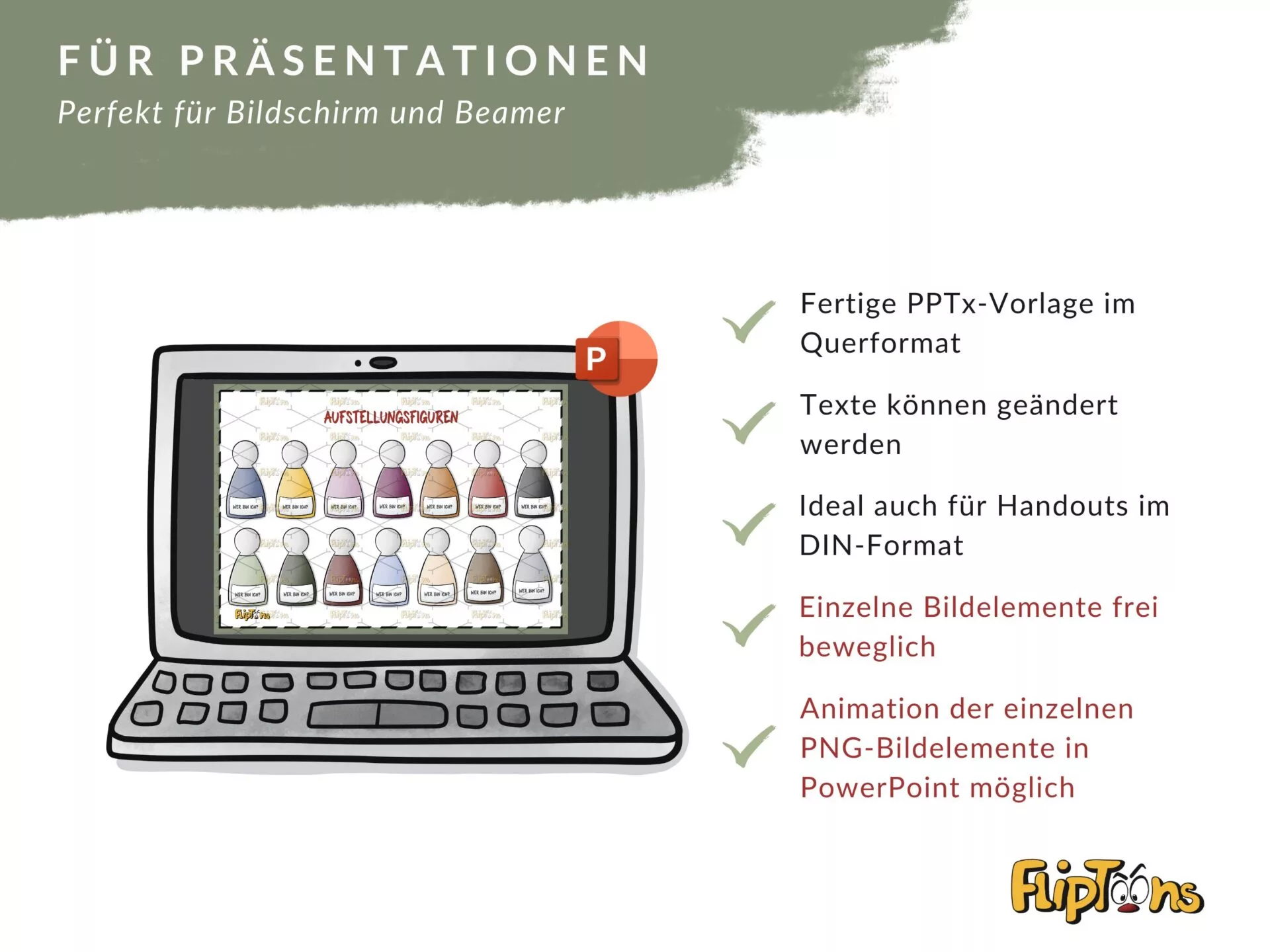 PowerPoint-Vorlage für Präsentationen, gezeigt auf einem Laptop mit Aufstellungsfiguren, mit Funktionen wie Querformat und Animationsmöglichkeiten