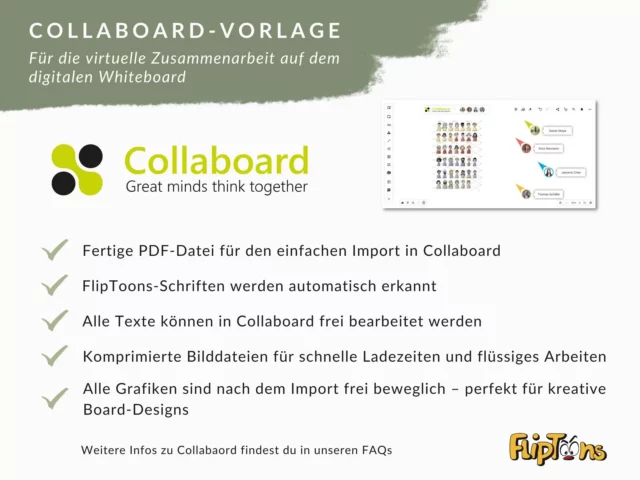 Collaboard-Vorlage für virtuelle Zusammenarbeit: Logo, Funktionen und Vorschau des digitalen Whiteboards mit Nutzersymbolen