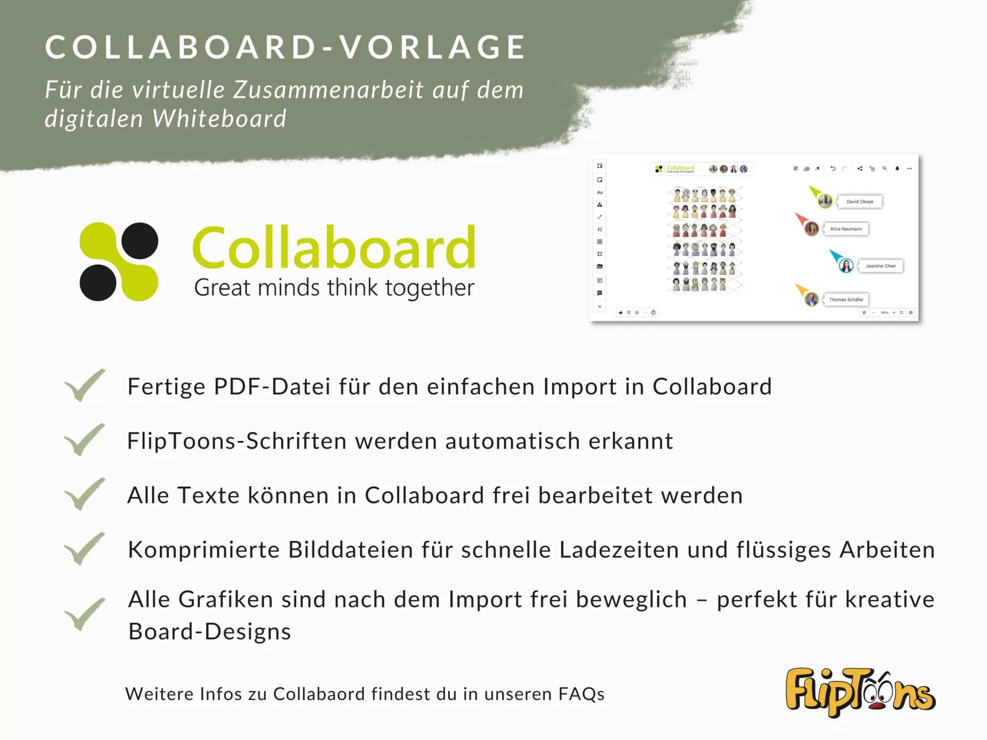 Collaboard-Vorlage für virtuelle Zusammenarbeit: Logo, Funktionen und Vorschau des digitalen Whiteboards mit Nutzersymbolen