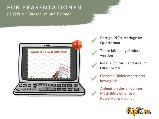 PowerPoint-Vorlage für Präsentationen mit Laptop-Grafik und Funktionsliste für Bildschirm und Beamer