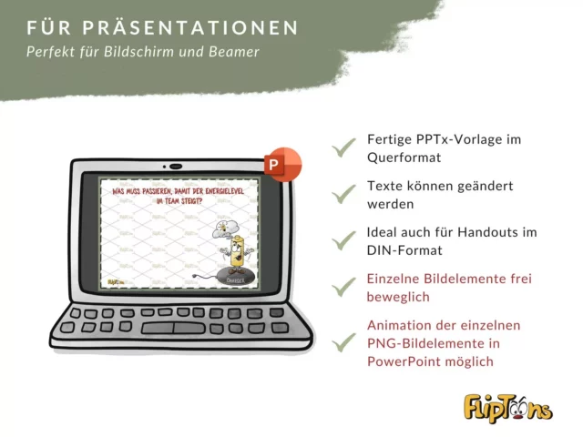 PowerPoint-Vorlage mit Cartoon-Charakter, Laptop-Grafik und Auflistung der Präsentationsvorteile in deutsch