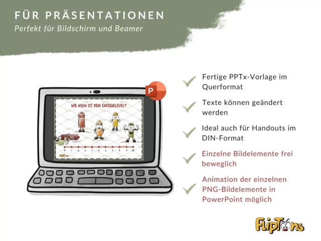 Laptop-Bildschirm zeigt PowerPoint-Vorlage mit gezeichneten Charakteren und Präsentationshinweisen für Präsentationen