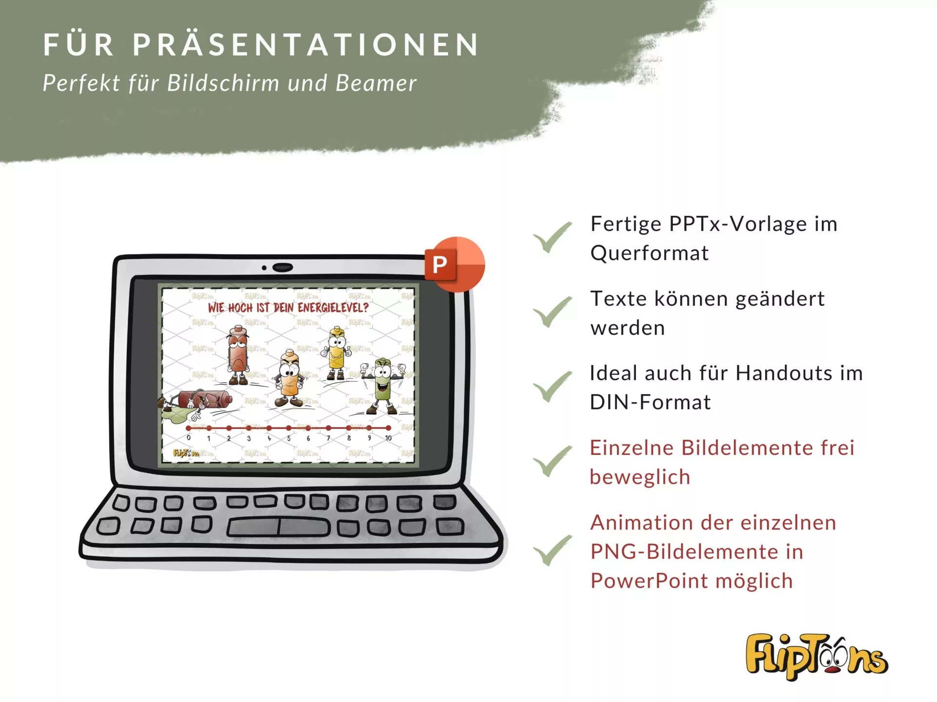 Laptop-Bildschirm zeigt PowerPoint-Vorlage mit gezeichneten Charakteren und Präsentationshinweisen für Präsentationen