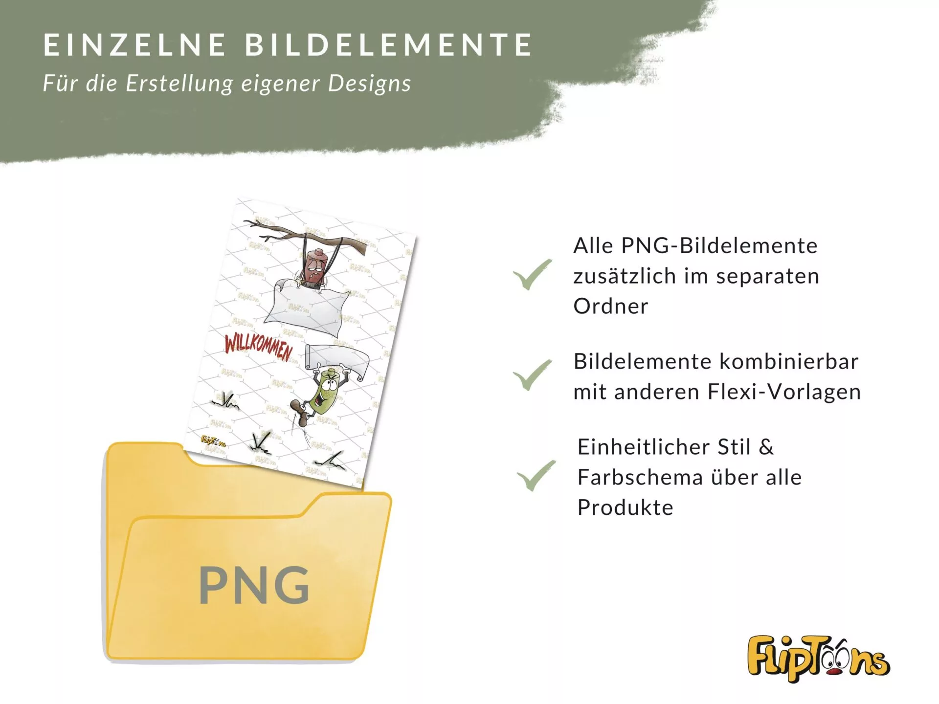 Gelber PNG-Ordner mit Cartoon-Illustration, der Designelemente und Vorteile von FlipToons PNG-Bildelementen erklärt