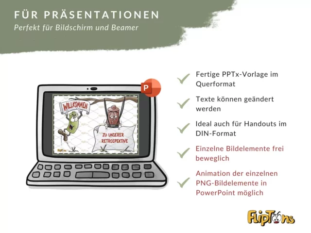 PowerPoint-Vorlage für Präsentationen mit Cartoon-Charakteren und Laptop, zeigt Eigenschaften für Bildschirm und Beamer