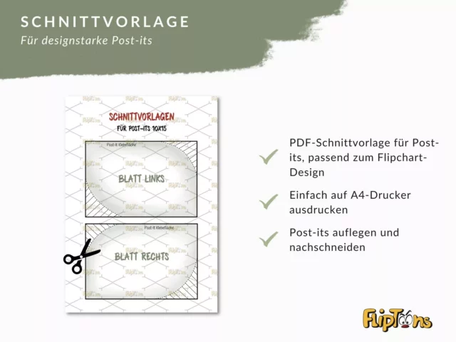 Schnittvorlage für Post-its 10x15 cm mit Anleitungen zum Ausdrucken und Zuschneiden, passend zum Flipchart-Design