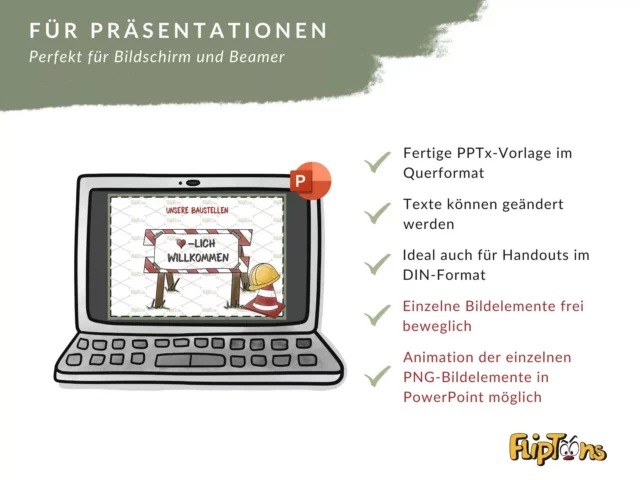 PowerPoint-Vorlage für Präsentationen mit Laptop-Bildschirm, Willkommensschild und Checkliste der Funktionen