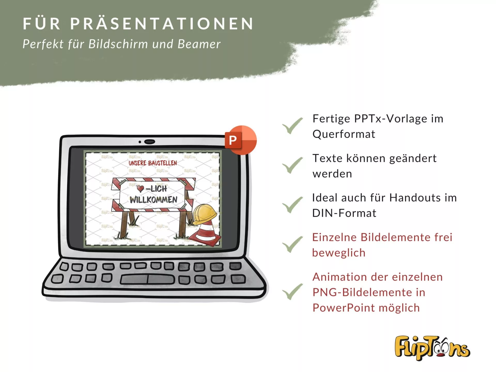 PowerPoint-Vorlage für Präsentationen mit Laptop-Bildschirm, Willkommensschild und Checkliste der Funktionen