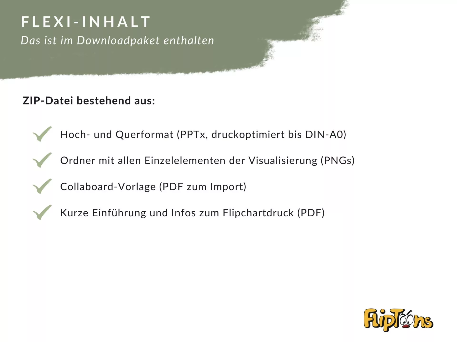 Flexi-Inhalt Downloadpaket mit ZIP-Datei und Vorlagen in verschiedenen Formaten für Flipcharts