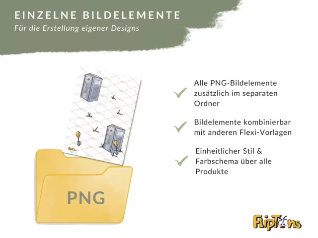 Gelber PNG-Ordner mit Illustration zweier Bauelemente, Hintergrund mit diagonalem Karomuster, Vorteile von FlipToons Bildelementen aufgelistet