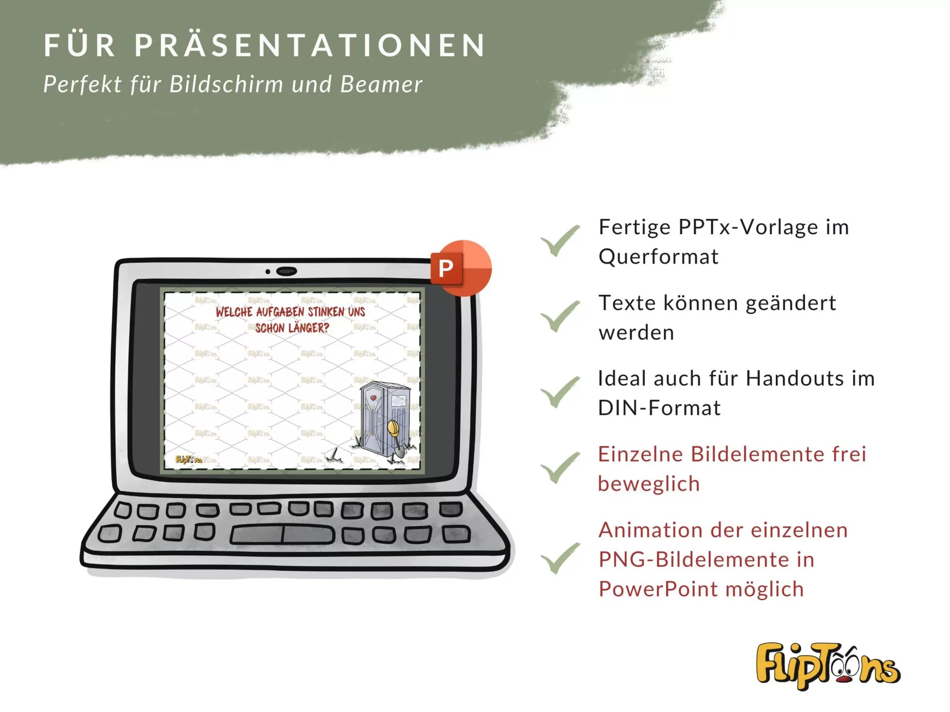 PowerPoint-Vorlage auf einem Laptop-Bildschirm mit Funktionen für Präsentationen, grafisch dargestellt von FlipToons