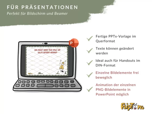 PowerPoint-Vorlage für Präsentationen, gezeigt auf einem Laptop mit Beispielfolie und Funktionsliste
