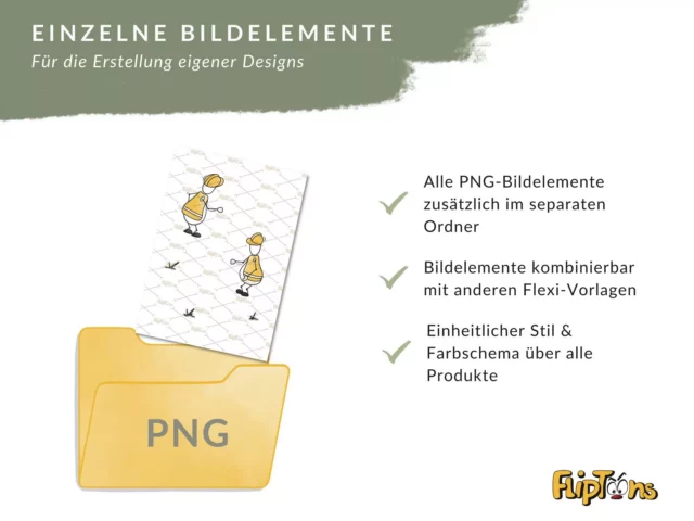 PNG-Ordner mit Bildelementen in gelb-grauer Grafik, zeigt Vorteile wie separate Speicherung, Kombinierbarkeit und einheitlichen Stil