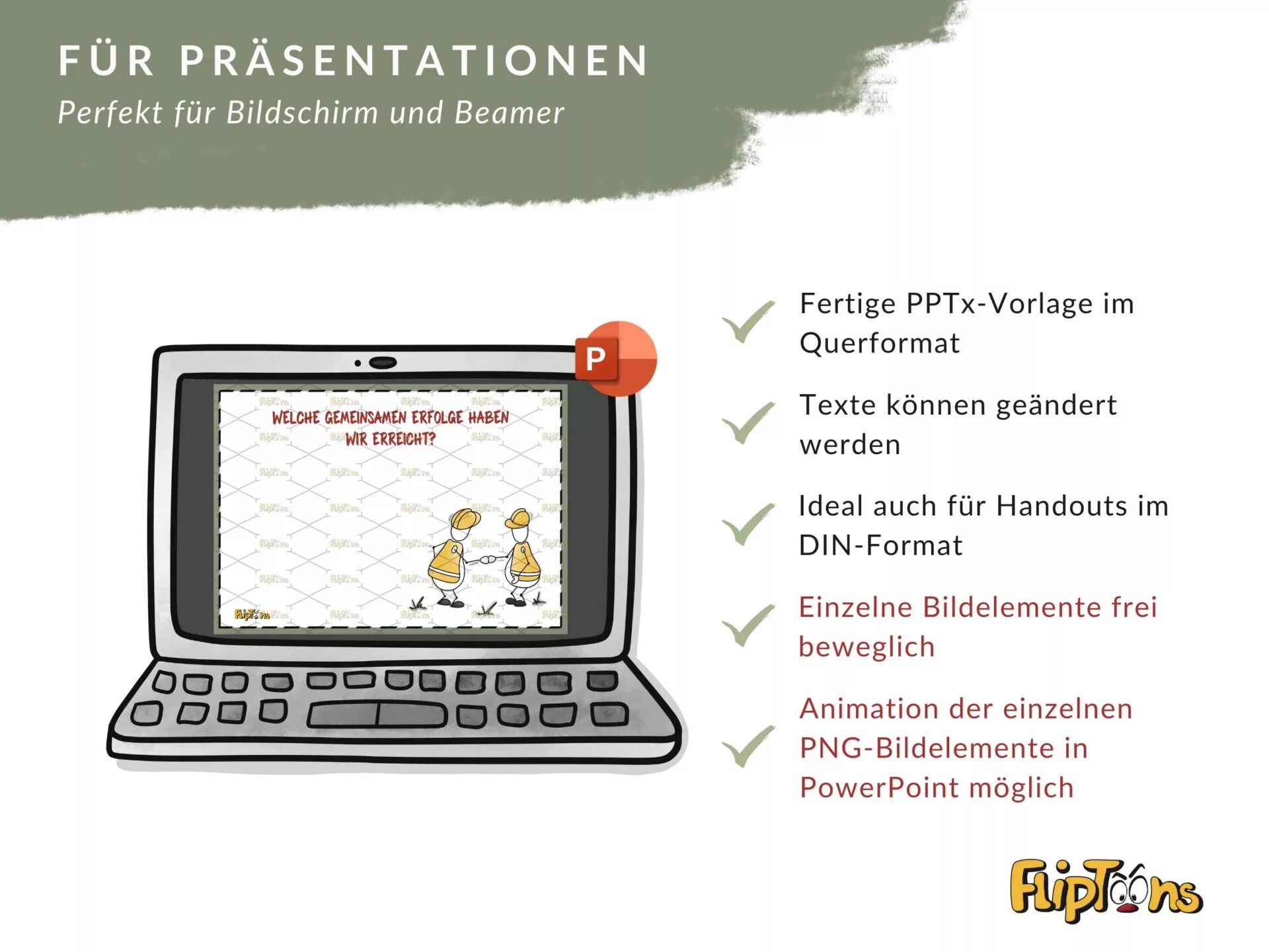 PowerPoint-Präsentation auf einem Laptop mit Eigenschaften wie Querformat, editierbaren Texten und Animationsmöglichkeiten