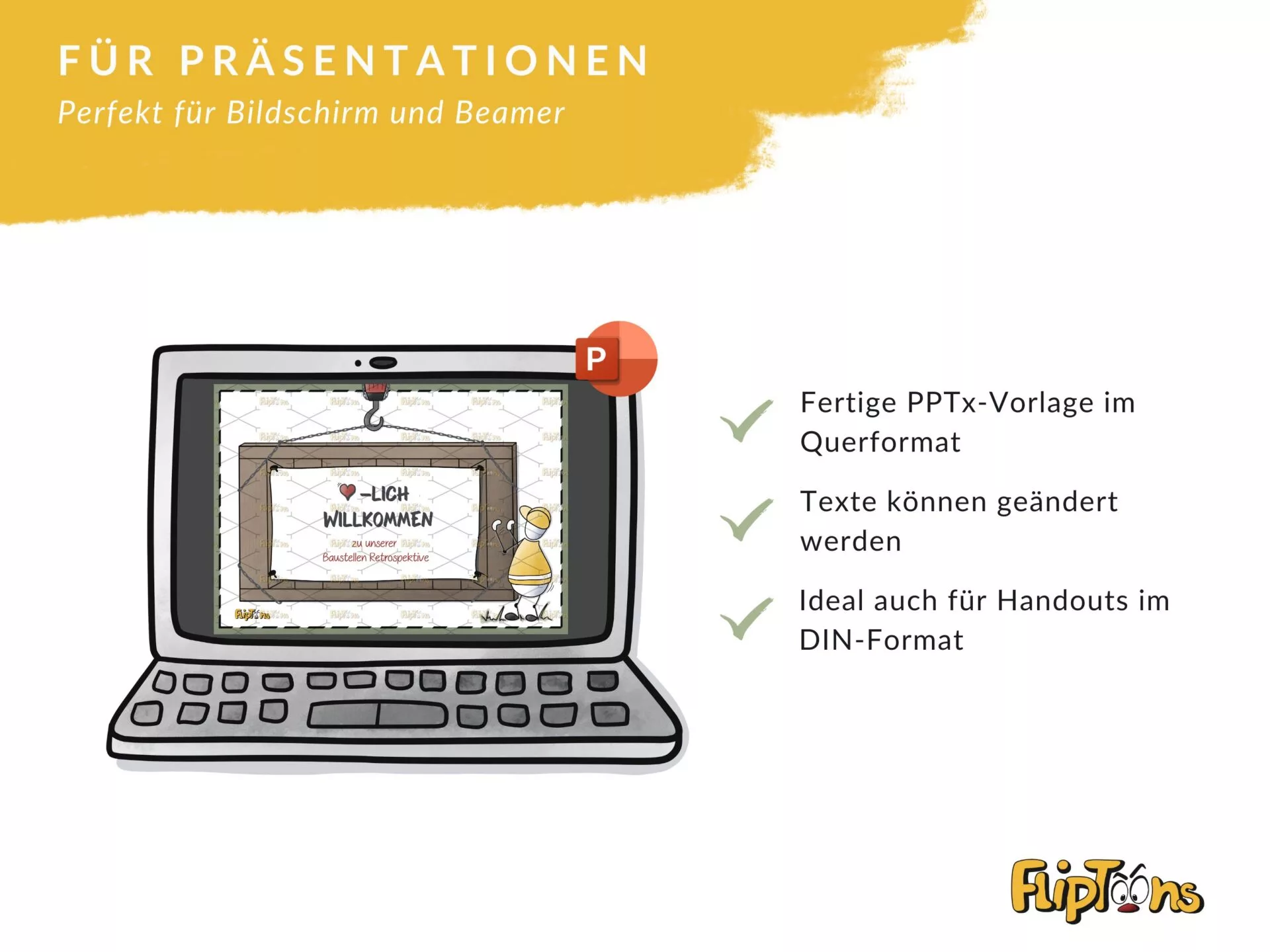 PowerPoint-Vorlage auf einem Laptop mit Willkommensschild, PowerPoint-Logo und Checkboxen für Präsentationsoptionen