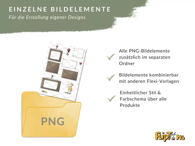 Gelber PNG-Ordner mit Bildelementen und Häkchen zu Designvorlagen von FlipToons, für die Erstellung eigener Designs