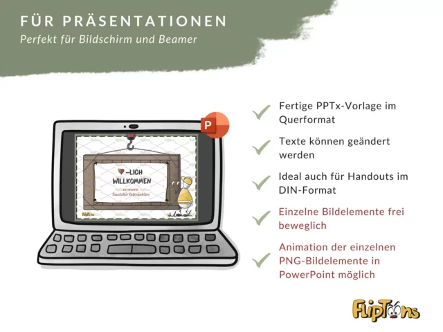 PowerPoint-Vorlage auf einem Laptop mit Willkommensschild, zeigt Features für Präsentationen und Handouts