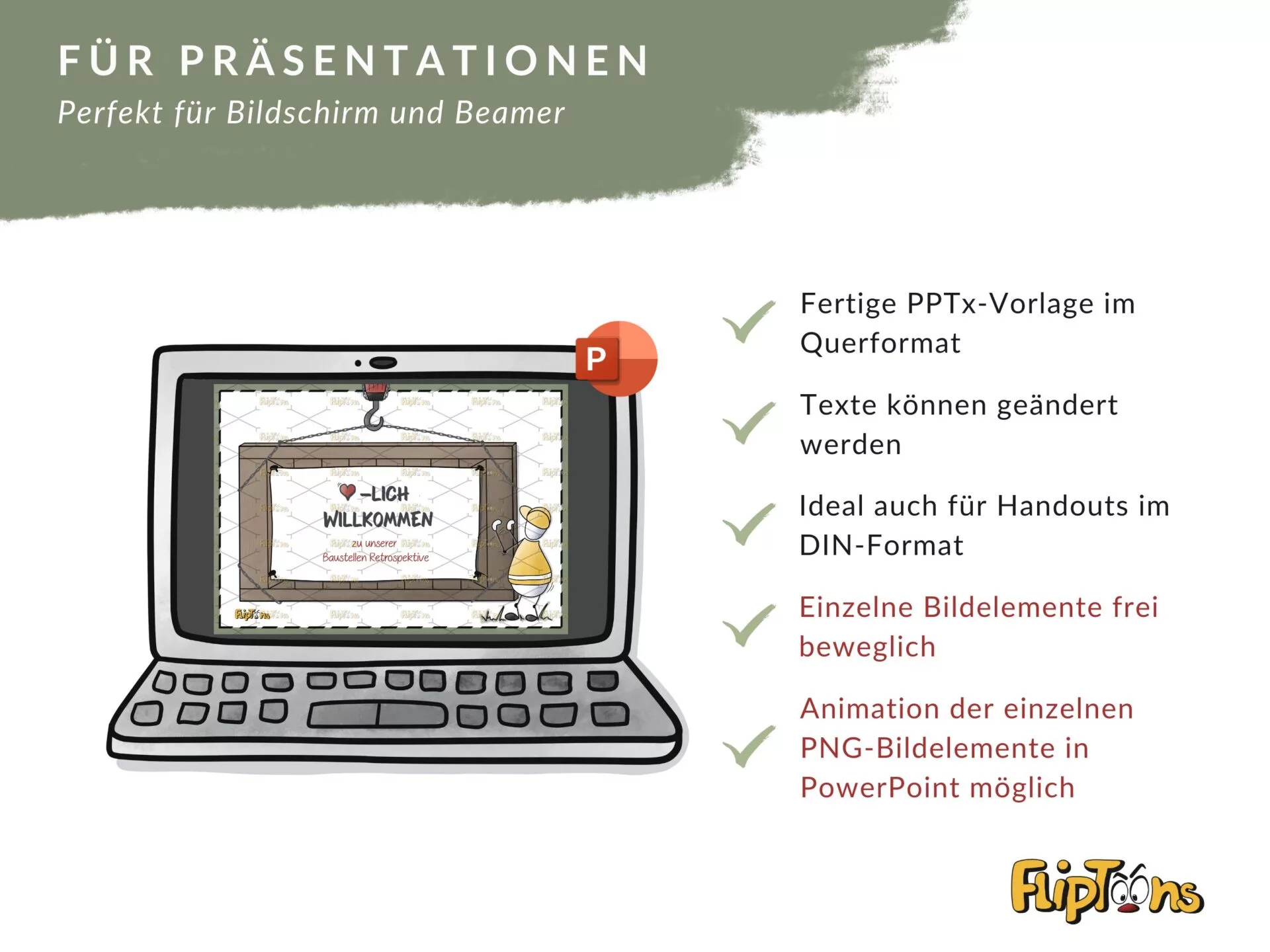 PowerPoint-Vorlage auf einem Laptop mit Willkommensschild, zeigt Features für Präsentationen und Handouts