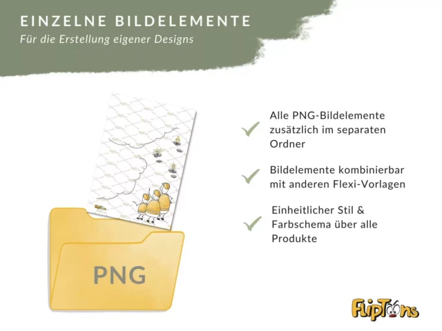 PNG-Bildelemente in gelbem Ordner, mit Cartoon-Figuren und Hinweisen zur Designerstellung und Flexibilität