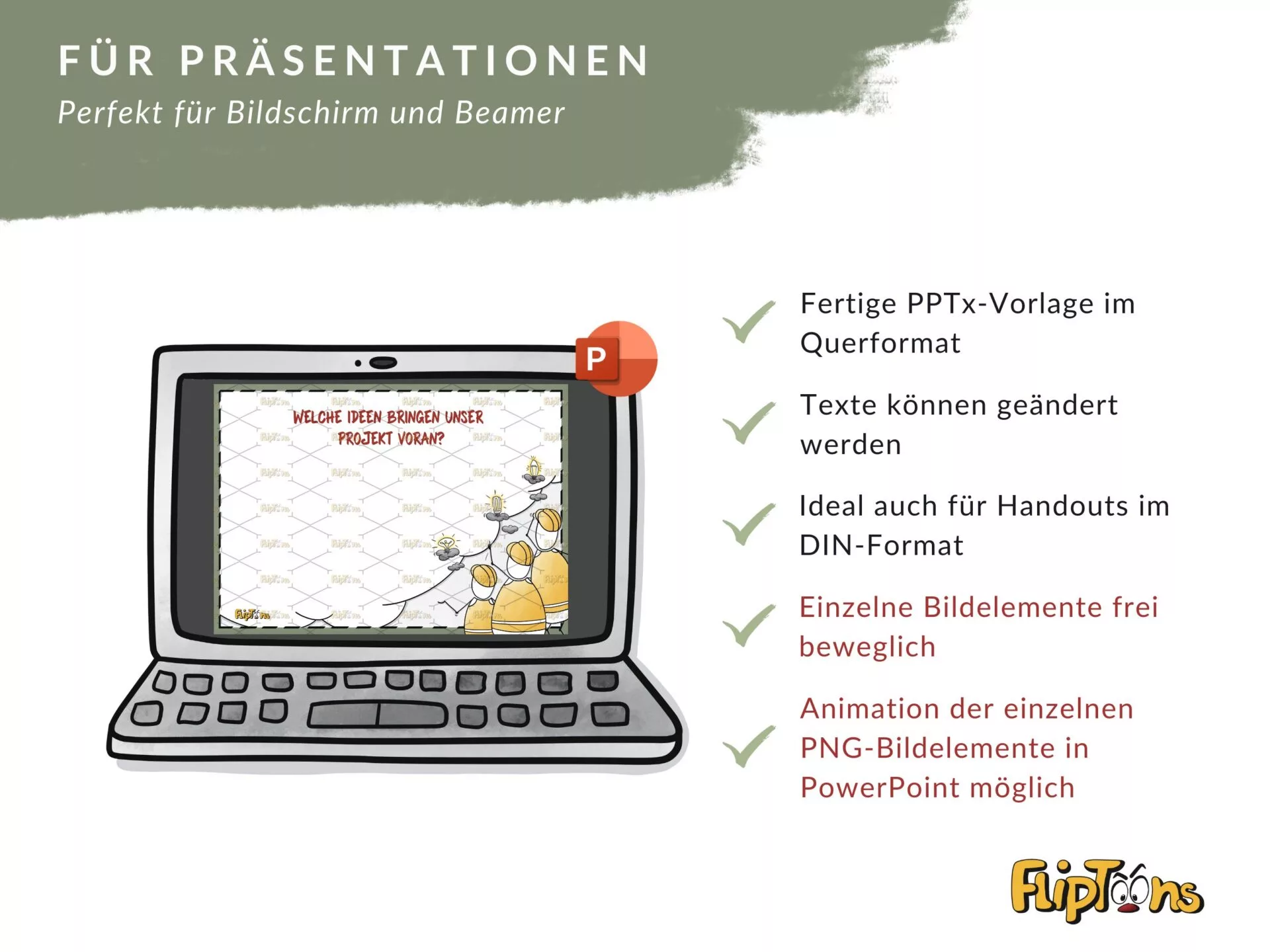 PowerPoint-Vorlage für Präsentationen: Laptop zeigt Folien mit Männchen, die Projektideen diskutieren