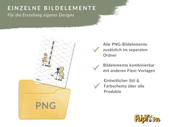 Gelber PNG-Ordner mit Bildelementen zweier Arbeiter in Warnwesten, die Designvorlagen für einheitlichen Stil und Farbschema zeigen