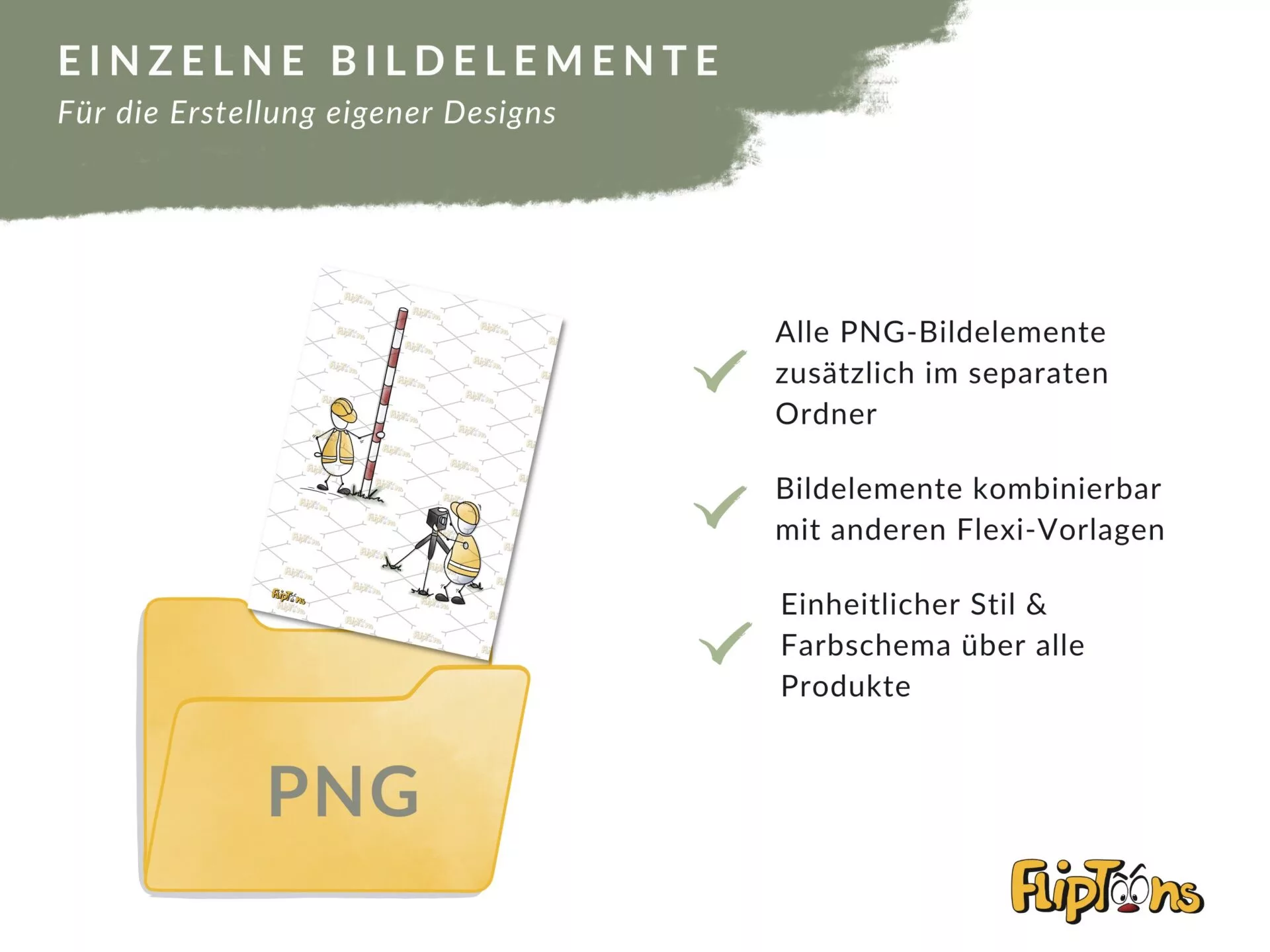 Gelber PNG-Ordner mit Bildelementen zweier Arbeiter in Warnwesten, die Designvorlagen für einheitlichen Stil und Farbschema zeigen