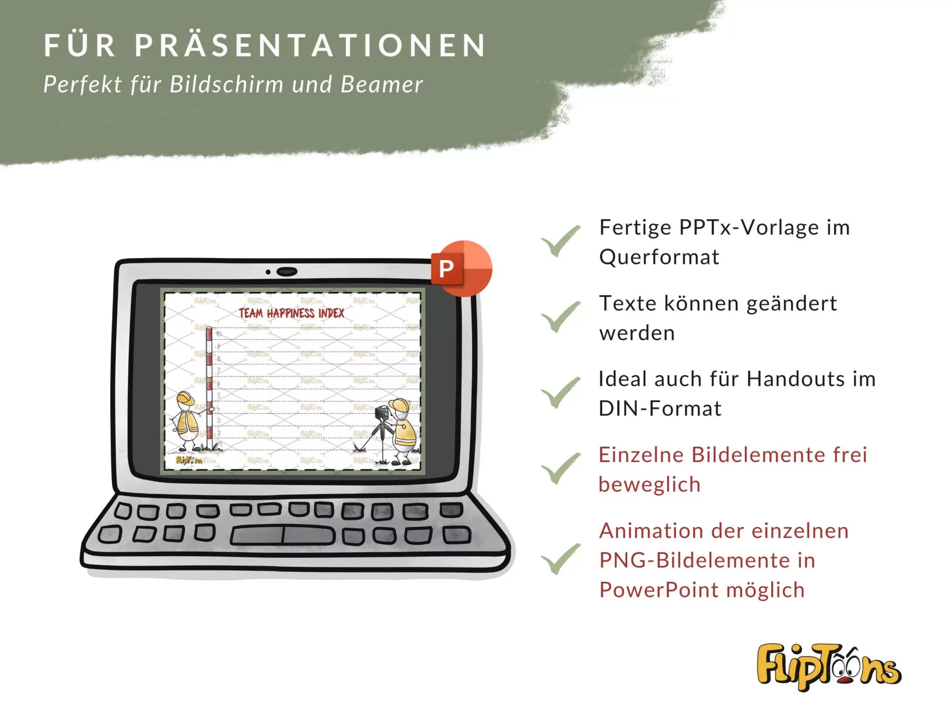 PowerPoint-Vorlage mit Laptop-Bildschirm, zeigt Team Happiness Index Folie und Funktionen für Präsentationen