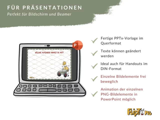 PowerPoint-Vorlage mit Laptop, Eigenschaften wie Querformat, editierbare Texte und animierte PNG-Elemente für Präsentationen