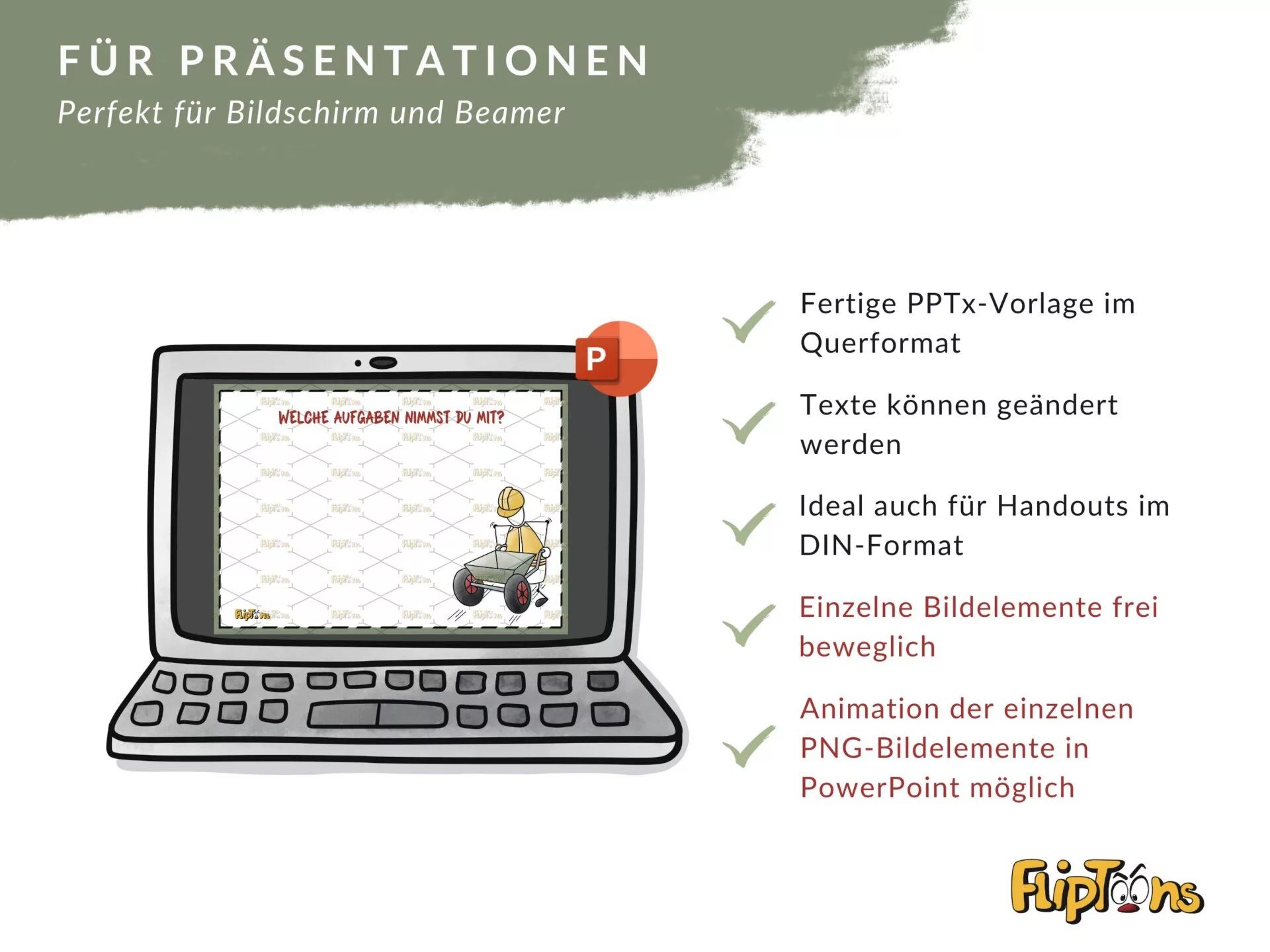 PowerPoint-Vorlage mit Laptop, Eigenschaften wie Querformat, editierbare Texte und animierte PNG-Elemente für Präsentationen
