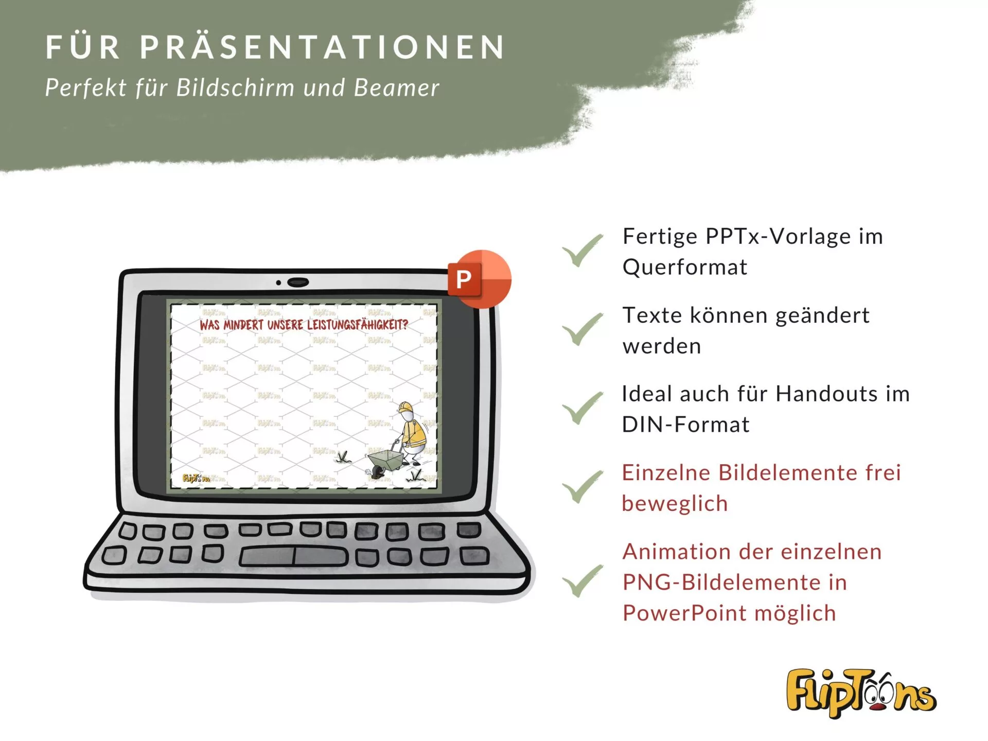 PowerPoint-Vorlage auf Laptop-Bildschirm mit Cartoon-Arbeiter, Funktionen für Präsentationen und FlipToons-Logo