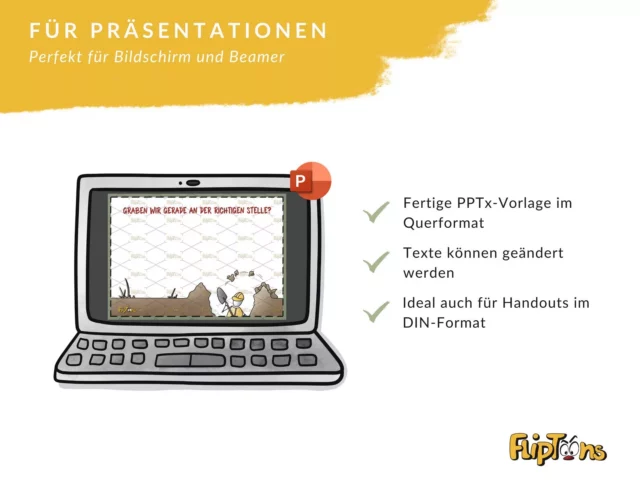 PowerPoint-Vorlage für Präsentationen auf einem Laptop, mit Haken für fertige Vorlagen und Textbearbeitung