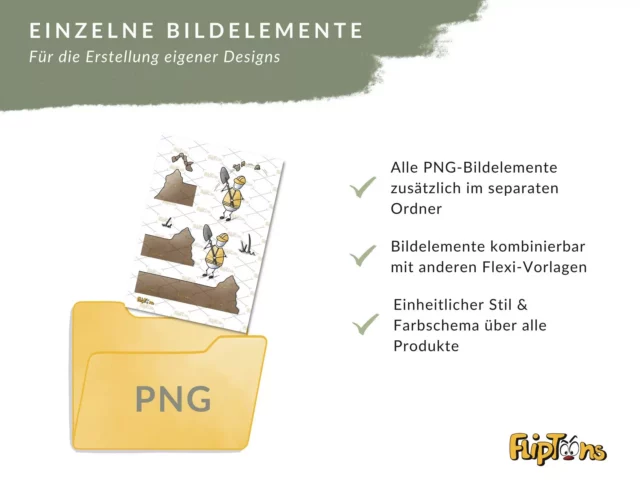 Gelber PNG-Ordner mit Cartoon-Bildelementen, daneben Häkchen für separate Speicherung, Kombinierbarkeit und einheitlichen Stil