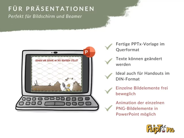 PowerPoint-Vorlage für Präsentationen mit Laptop-Grafik und Funktionen wie Animation und freie Bildanpassung