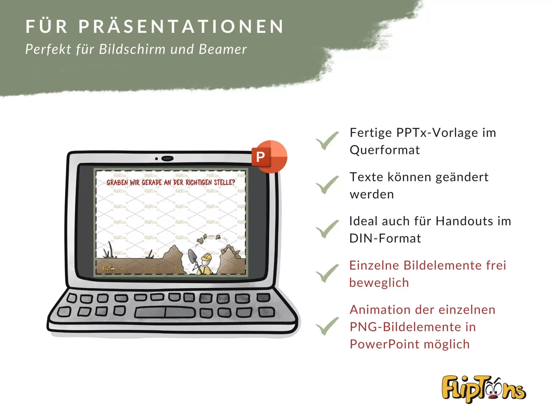 PowerPoint-Vorlage für Präsentationen mit Laptop-Grafik und Funktionen wie Animation und freie Bildanpassung
