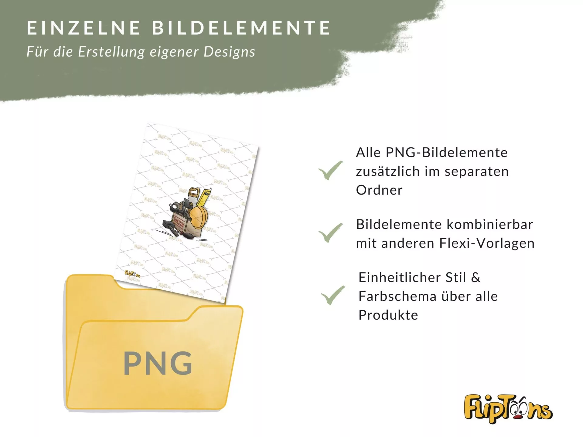 PNG-Ordner mit Bildelementen, Eigenschaften wie separate Speicherung, Kombinierbarkeit und einheitlicher Stil aufgelistet