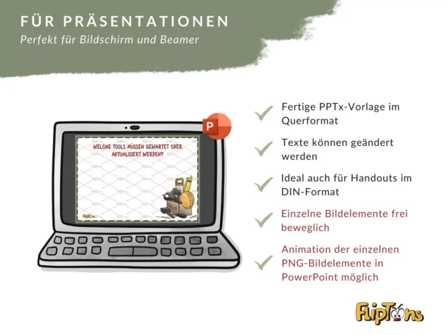 Laptop-Bildschirm mit PowerPoint-Vorlage und Auflistung der Vorteile für Präsentationen: Querformat, editierbare Texte, DIN-Format, bewegliche Bildelemente