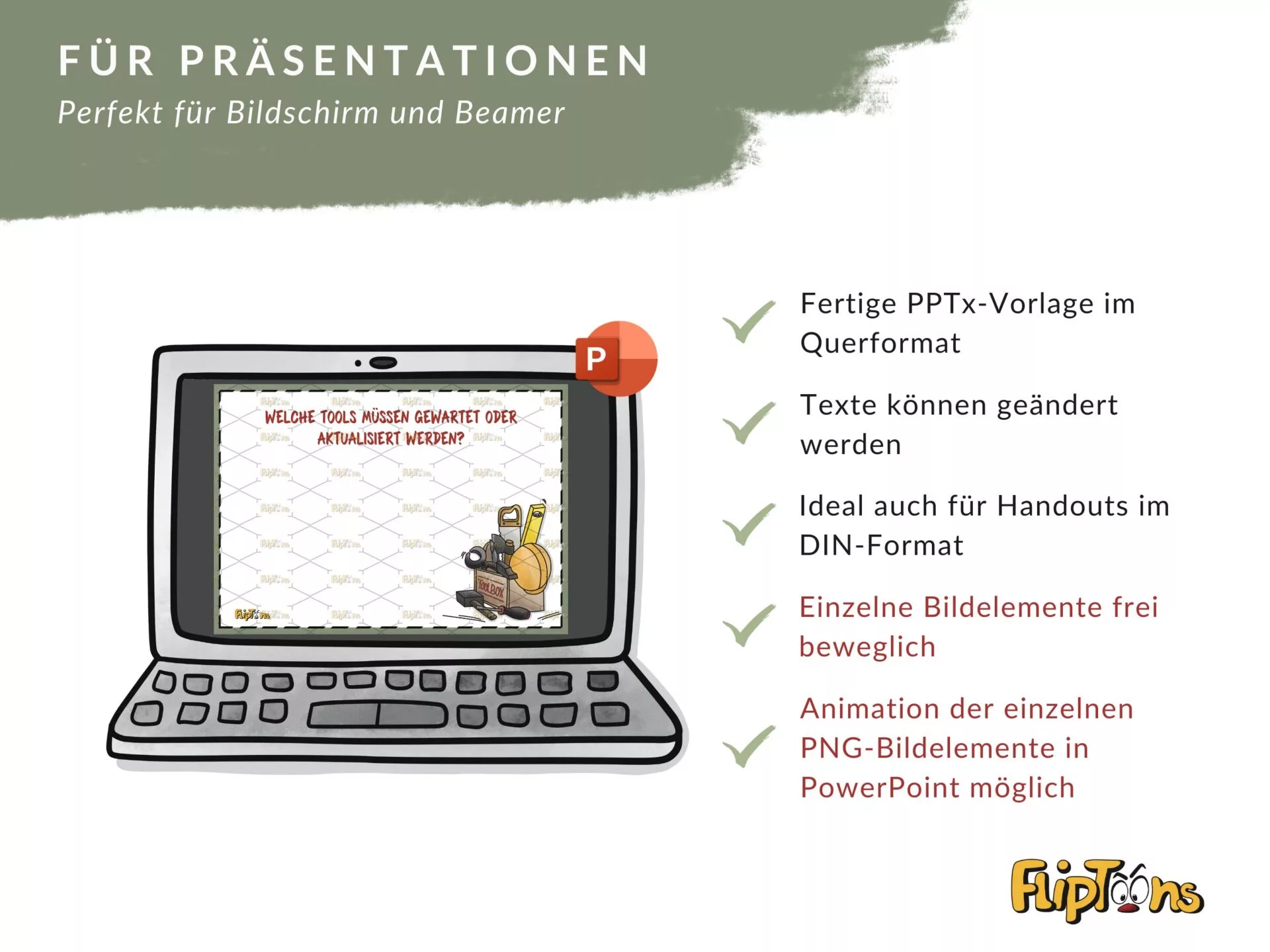Laptop-Bildschirm mit PowerPoint-Vorlage und Auflistung der Vorteile für Präsentationen: Querformat, editierbare Texte, DIN-Format, bewegliche Bildelemente