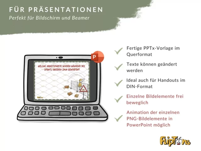 PowerPoint-Präsentation auf einem Laptop mit Eigenschaften wie Querformat, bearbeitbare Texte und animierte Bildelemente