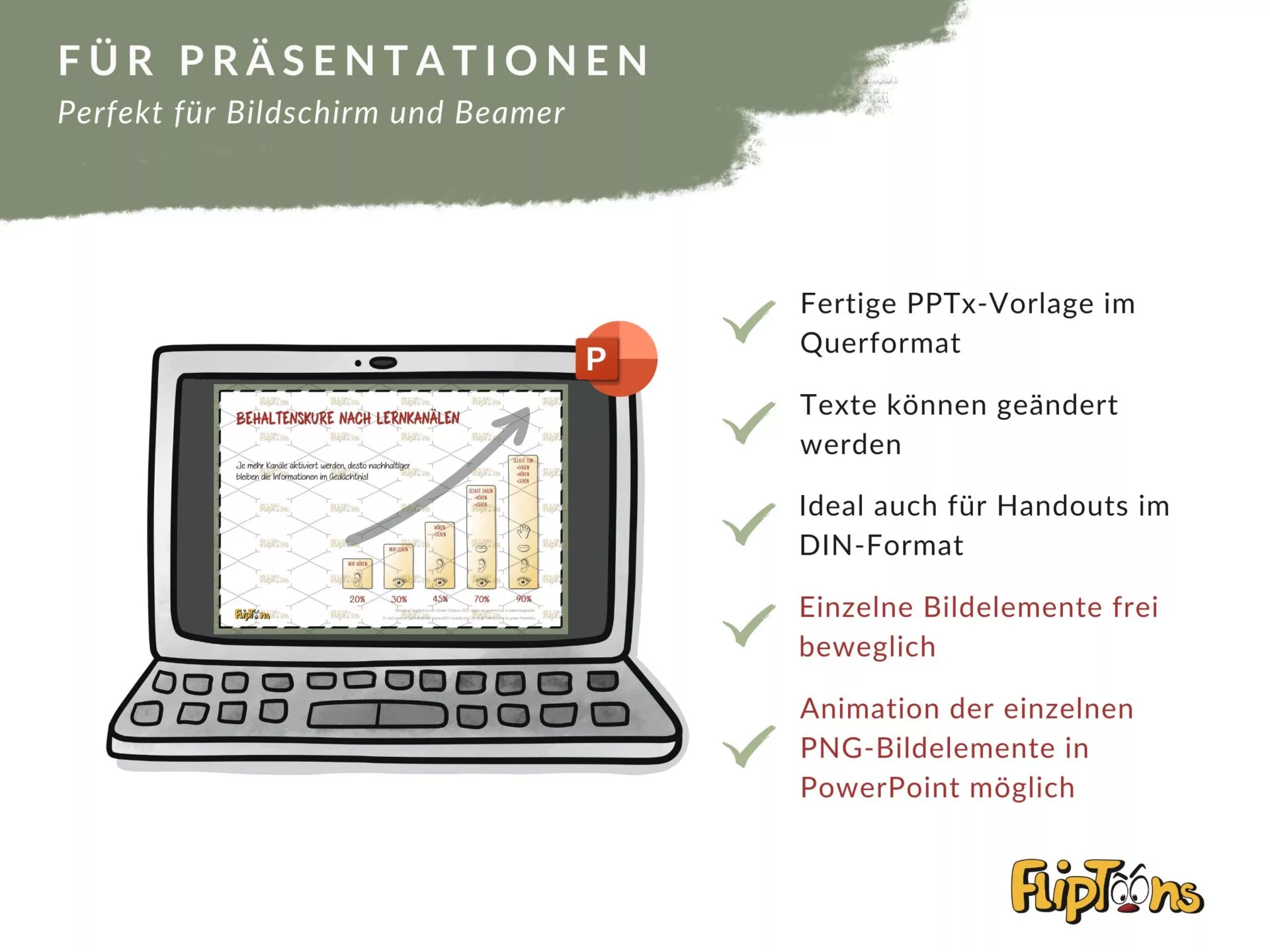 PowerPoint-Vorlage auf einem Laptop mit Diagramm, Eigenschaften für Präsentationen und FlipToons Logo