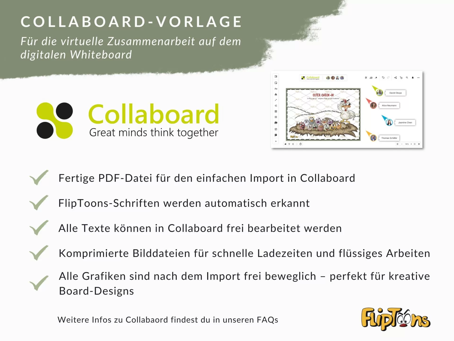 Collboard-Vorlage mit Produktmerkmalen, FlipToons-Logo und Screenshot des digitalen Whiteboards