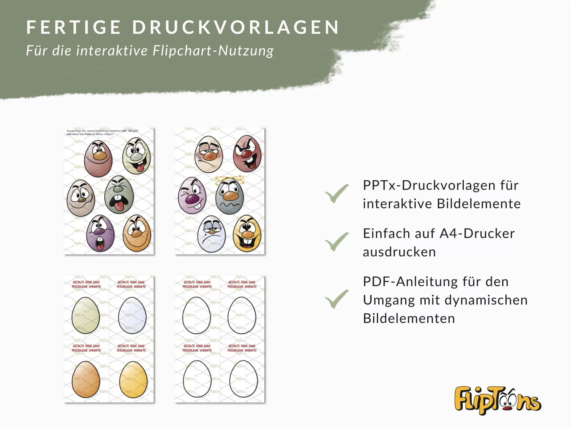 Fertige Druckvorlagen für interaktive Flipchart-Elemente mit verschiedenen Ei-Emoticons in verschiedenen Farben und Ausdrücken