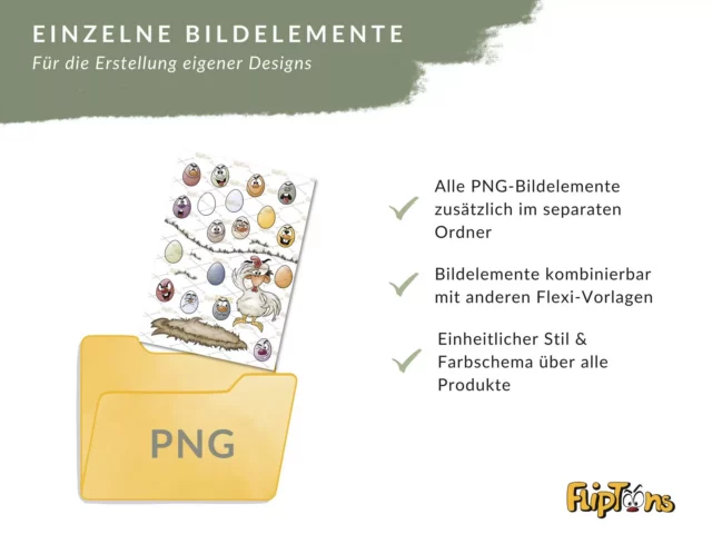 Gelber PNG-Ordner mit Ostern-Cartoon-Eiern und einem Huhn, daneben Beschreibung der Bildelemente-Funktionen